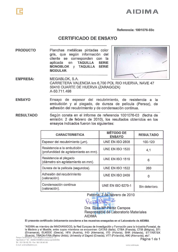 Certificado de ensayo
